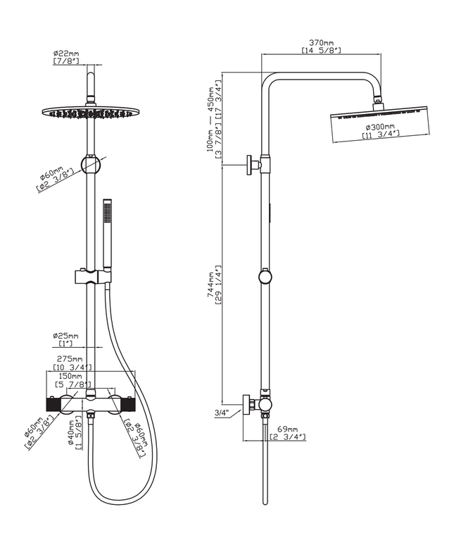 Maattekening STRIA Regendoucheset Thermostatisch - Opbouw 30 cm hoofddouche - Chroom