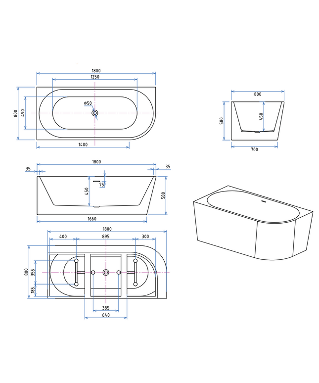 Maattekening ALONI Hoekbad Links – Glanzend Wit – 180x80x58 cm – Inclusief Afvoerset en Click Waste