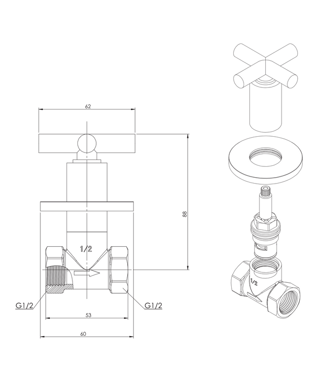 Maattekening ALONI Cross inbouw hoekstopkraan 1/2 x 1/2 – chroom