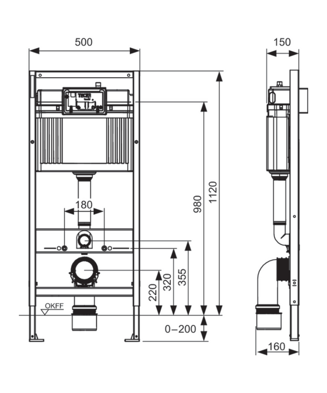 Maattekening TECE TECEbase Eco Inbouwreservoir met frame - 1120mm - Wit bedieningsplaat