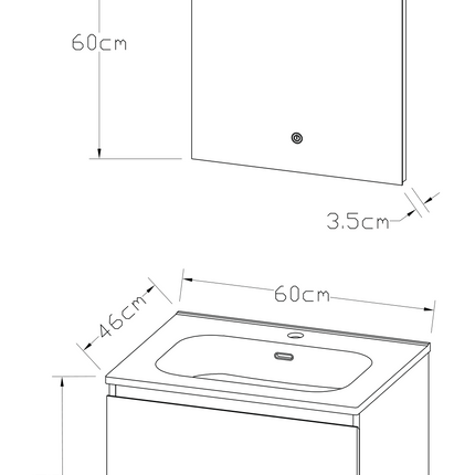 Maattekening ALONI LIVA badkamermeubelset compleet – 60 cm – mat zwart – met wastafel en LED spiegel – softclose