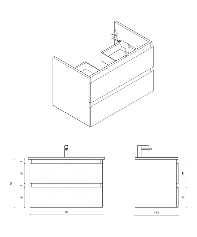 Maattekening ALONI SALLY wastafelonderkast – 80 cm – Eiken