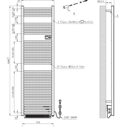 Plan côté BELRAD radiateur sèche-serviettes électrique avec soufflerie – Smart WiFi – thermostat digital – 2000W – 1840x540 mm – noir mat