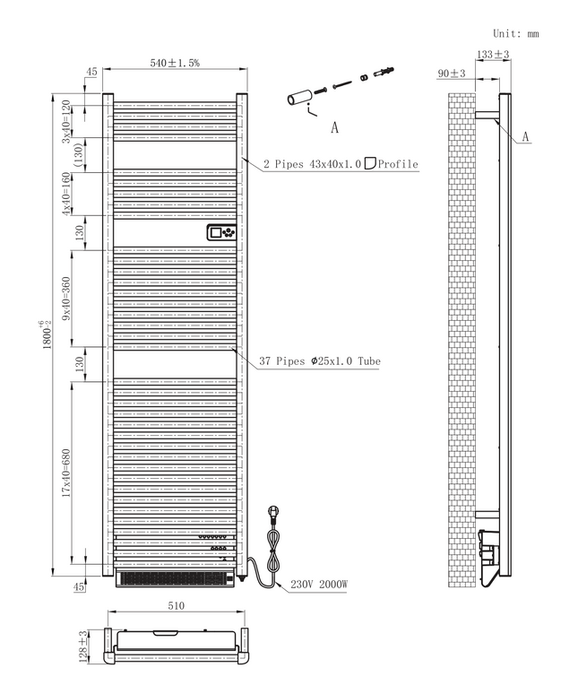 Maattekening BELRAD elektrische handdoekradiator met blower – Smart WiFi – digitale thermostaat – 2000W – 1840x540 mm – mat zwart