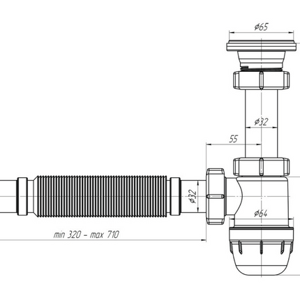 Maattekening ALONI flexibele bekersifon met afvoerrooster – Ø32 cm – Wit
