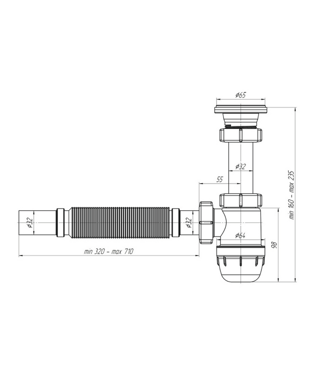 Maattekening ALONI flexibele bekersifon met afvoerrooster – Ø32 cm – Wit