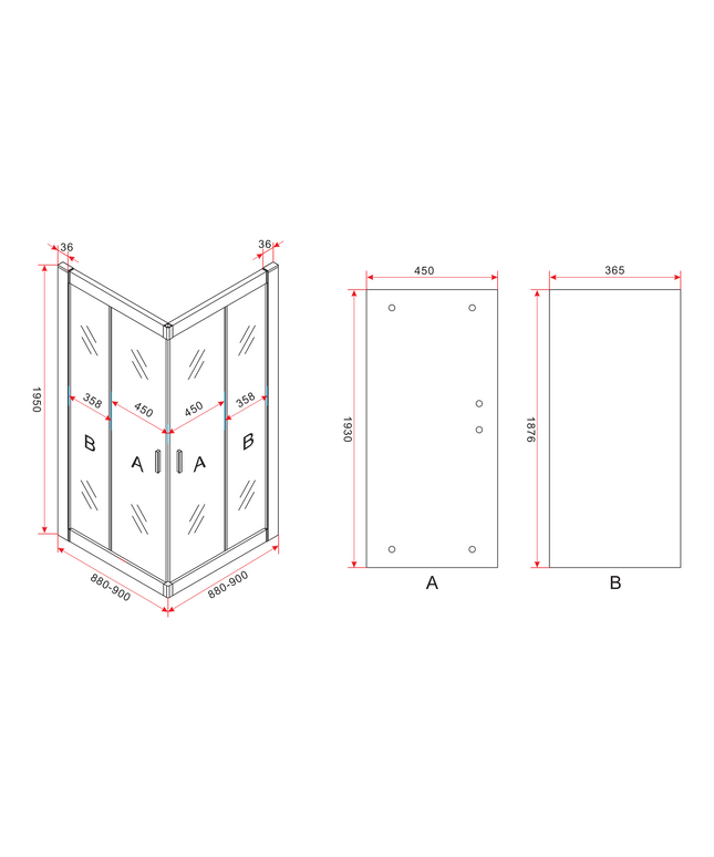 Maattekening ALONI Douchecabine Hoekinstap met 2 Schuifdeuren – 90x90x195 cm – 6 mm Veiligheidsglas – Mat Zwart – Helder Glas – Omkeerbaar