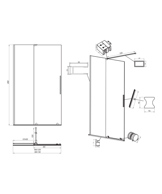 Maattekening X-SLIDE Inloopdouche met schuifdeur voor nis - 120x200cm - Chroom helder glas