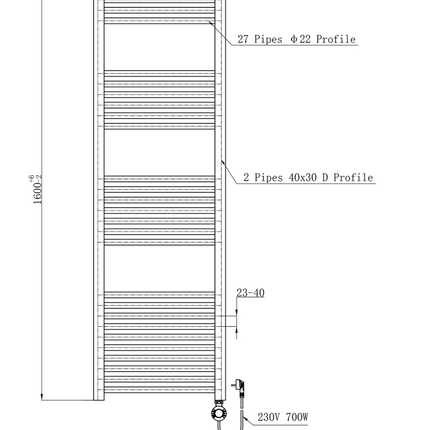 Maattekening BELRAD Elektrische handdoekradiator - Smart WiFi & programmeerbare thermostaat - 1600x500mm - Mat wit