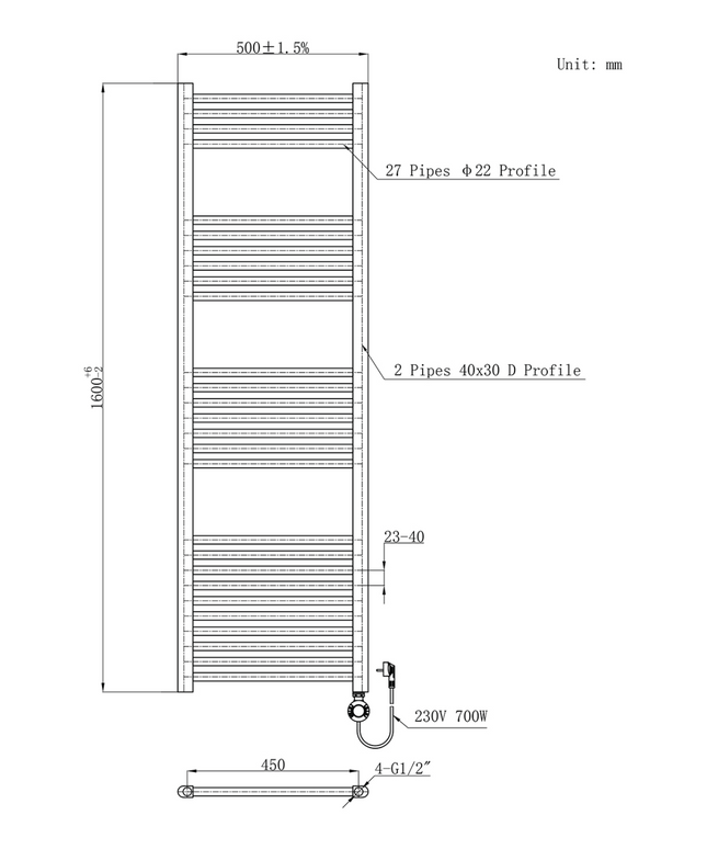Maattekening BELRAD Elektrische handdoekradiator - Smart WiFi & programmeerbare thermostaat - 1600x500mm - Mat wit