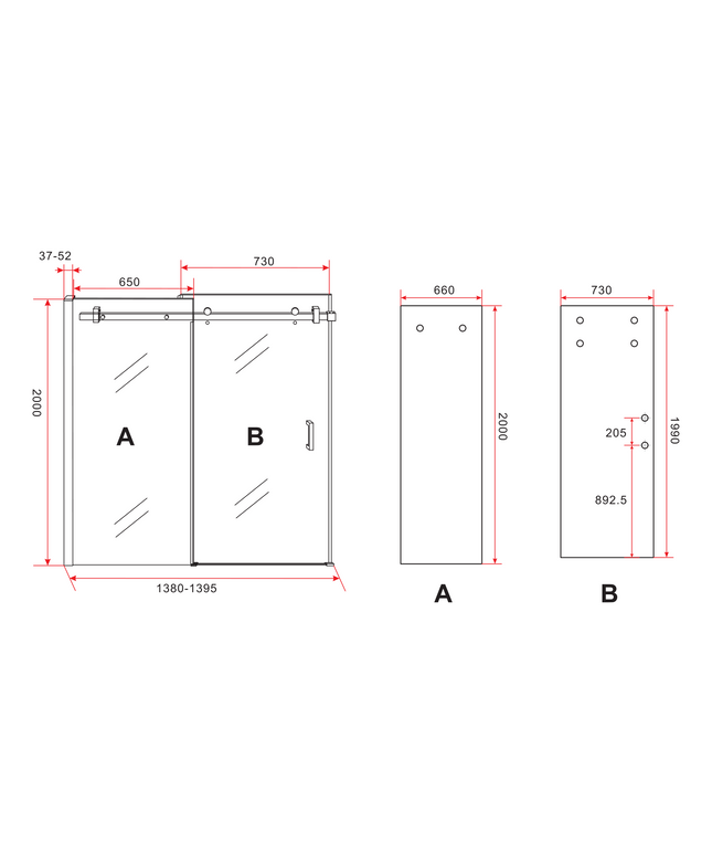 Plan de dimensions ALONI Porte de Douche Coulissante en Niche – 140x200 cm – 8 mm Verre de Sécurité – Noir Mat