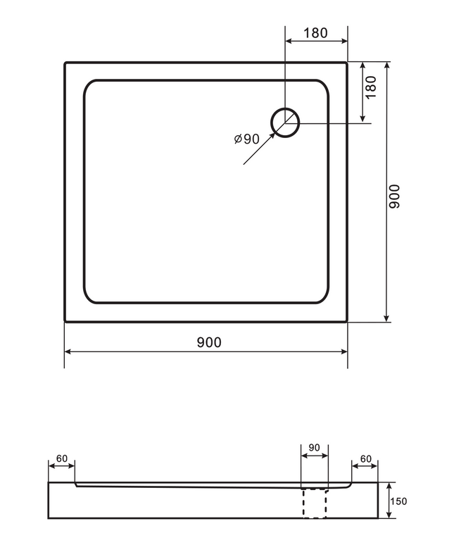 Plan coté ALONI receveur de douche carré en acrylique – 90x90x15 cm – Blanc