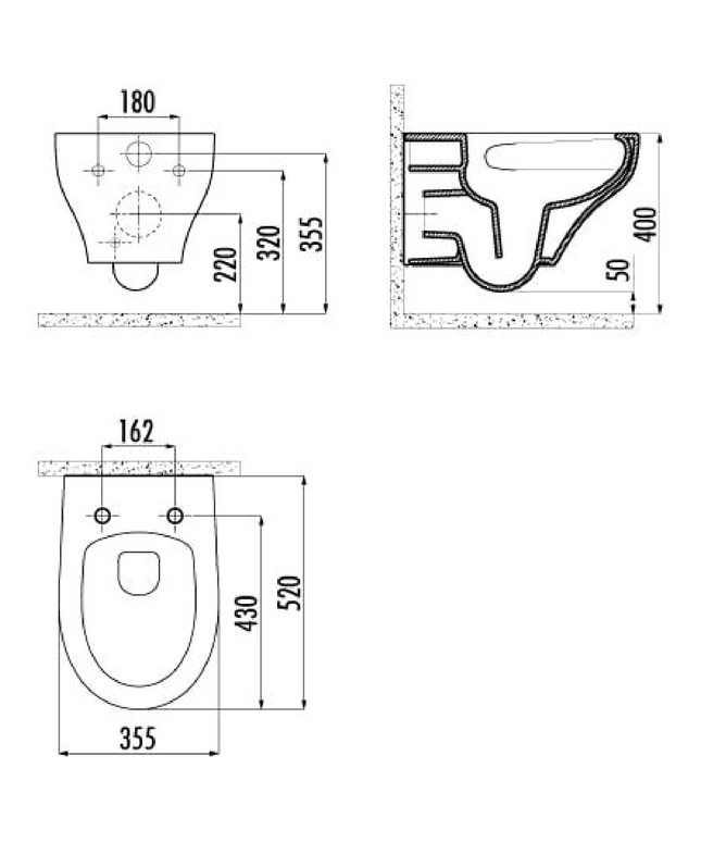 Plan coté WC suspendu Creavit Ness avec bidet – tornado flush – sans bride – blanc brillant
