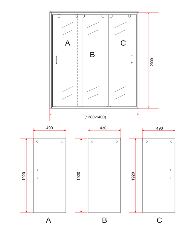 Maattekening ALONI 3-Delige Nis Schuifdeur – 140x200 cm – 8 mm Veiligheidsglas