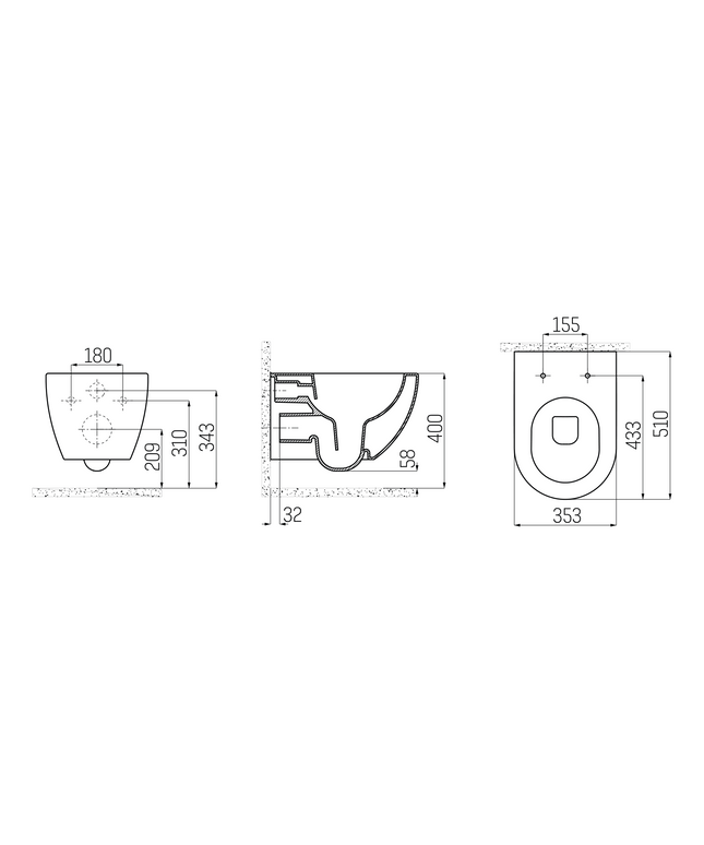 Maattekening CREAVIT Free Hangtoilet met Bidet - Randloos - 510x355mm - Houtskool zwart