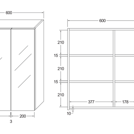 Maattekening HAYAT spiegelkast – 2 asymmetrische enkelzijdige spiegeldeuren – 60x70x15 cm – Glanzend wit