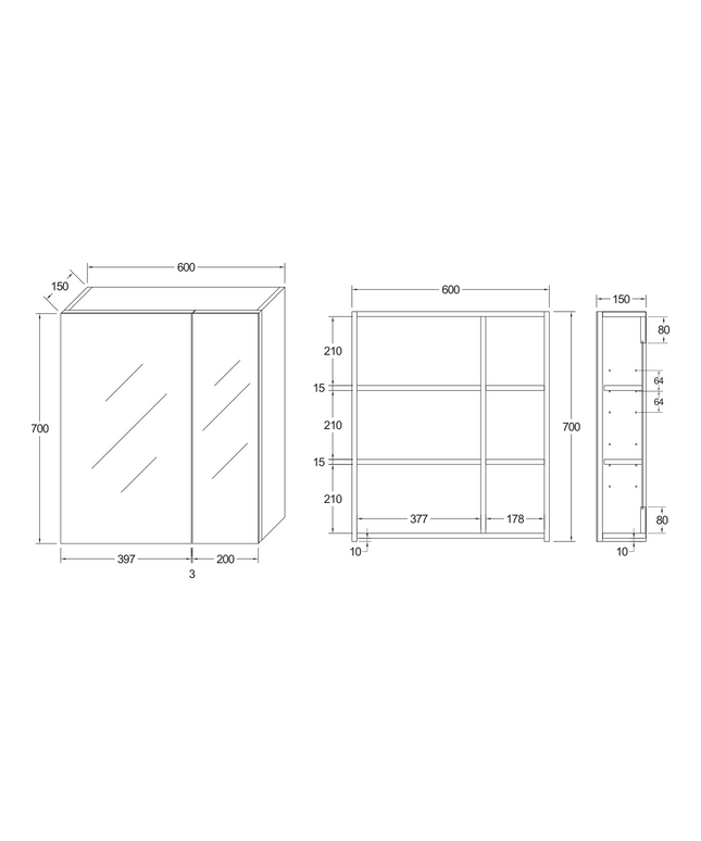 Maattekening HAYAT spiegelkast – 2 asymmetrische enkelzijdige spiegeldeuren – 60x70x15 cm – Glanzend wit