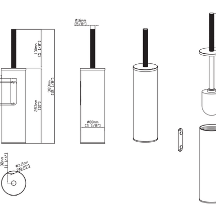 Maattekening Aloni Stria toiletborstel met houder – chroom – hangend & vrijstaand – met kunststof binnenpot
