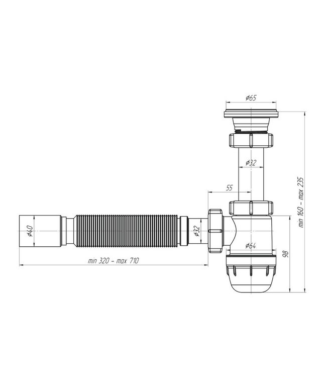 Maattekening ALONI flexibele bekersifon met afvoerrooster – Ø40 cm – Wit