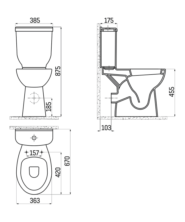 Maattekening Creavit hoog staande wc compleet – P-trap – wit