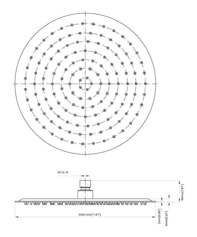 Maattekening ALONI ronde rainshower – Ø30 cm – geborsteld koper