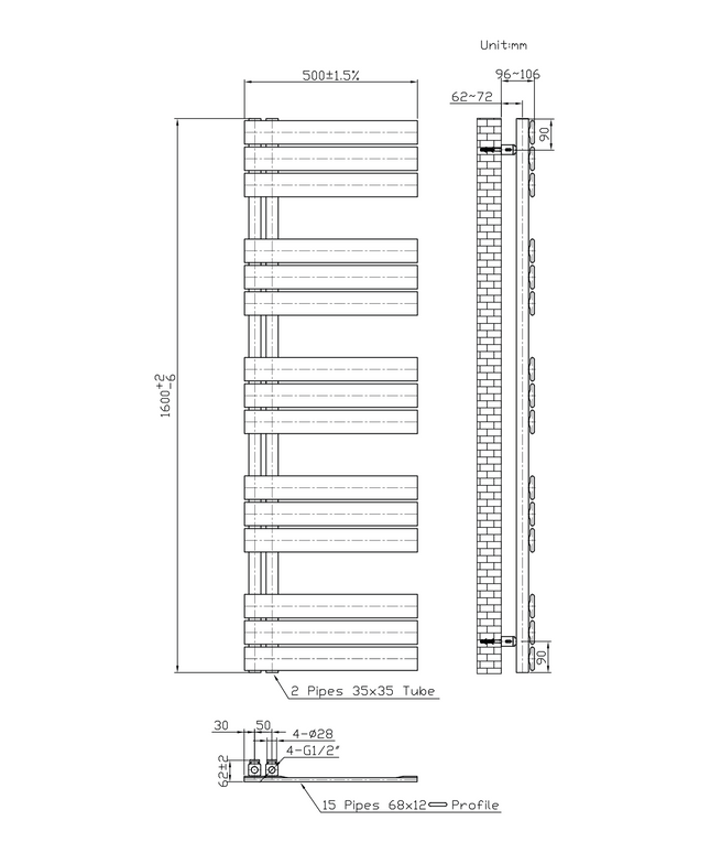 Maattekening BELRAD Badkamer Radiator 1600x500mm Wit – Linkeraansluiting/Combi – 755W