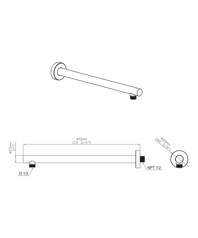 Maattekening UNIFORMA Douchearm muurbevestiging - 400mm - Chroom
