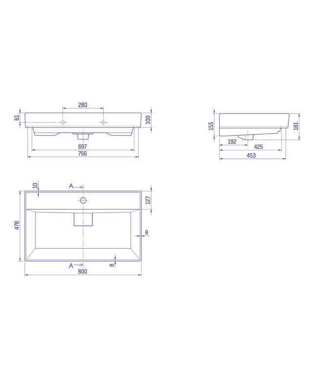 Maattekening Aloni wastafel – 80x48x10 cm – wit