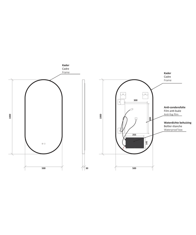 Maattekening ALONI Avalo Badkamerspiegel - Ovaal met LED - 50x100cm - Geborsteld bruin brons