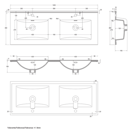Maattekening ALONI Hayat Wastafel – 120x1,5x45 cm – Kunstmarmer – Glanzend Wit