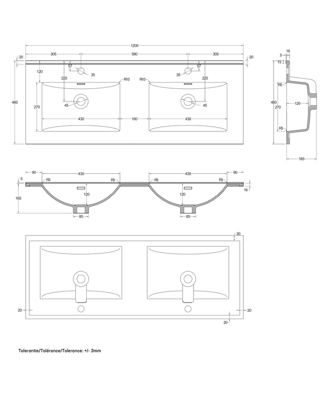Maattekening ALONI Hayat Wastafel – 120x1,5x45 cm – Kunstmarmer – Glanzend Wit