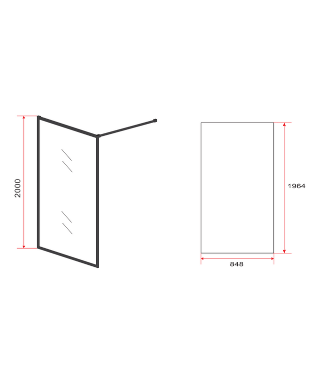 Maattekening ALONI inloopdouchewand met mat zwart profiel – 90x200 cm – 8 mm veiligheidsglas