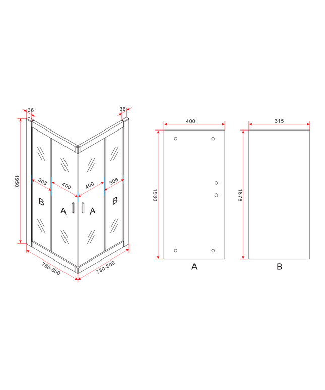 Maattekening ALONI Douchecabine Hoekinstap met 2 Schuifdeuren – 80x80x195 cm – 6 mm Veiligheidsglas – Chroom – Helder Glas – Omkeerbaar
