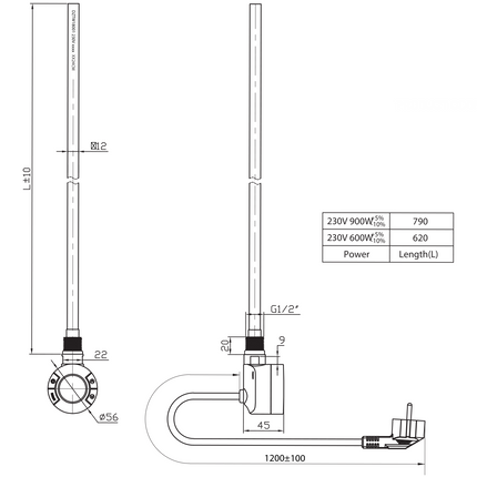 Maattekening BELRAD Thermostaat voor Elektrische Badkamer Radiator – Met WiFi – 900W – Zwart