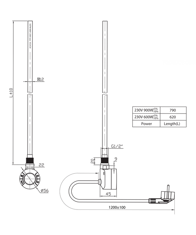 Maattekening BELRAD Thermostaat voor Elektrische Badkamer Radiator – Met WiFi – 900W – Zwart