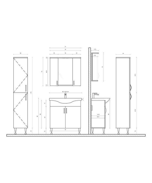 Maattekening ALONI ALECO wastafelonderkast – 80 cm – Wit – Softclose
