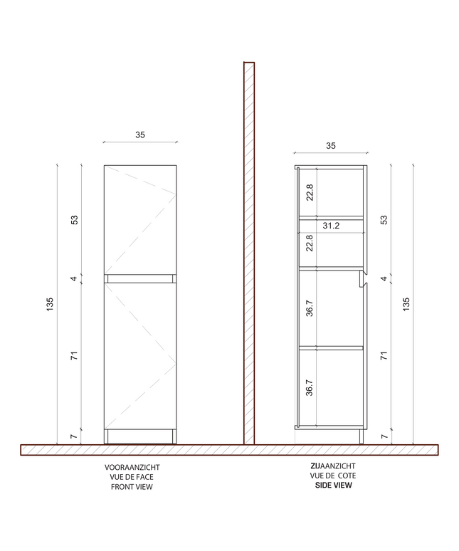 Maattekening ALONI JUPITER hoge badkamerkast – 35x135x35 cm – Zwart – Softclose