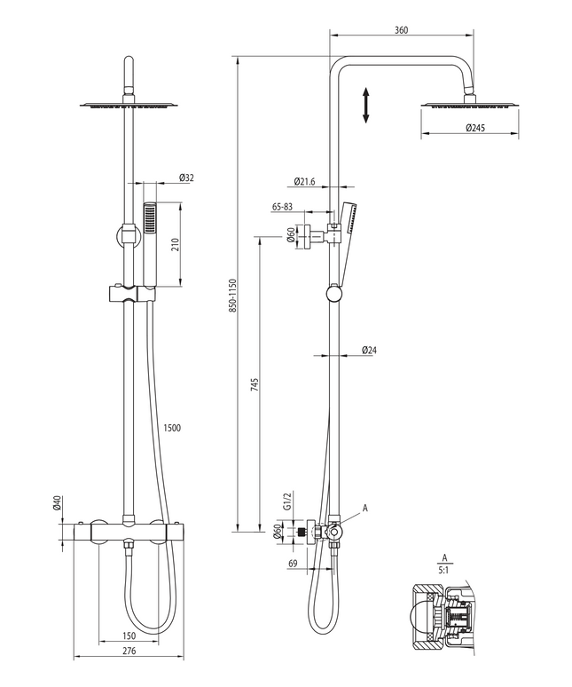 Maattekening ALONI douchekolom Optima Rondo – chroom