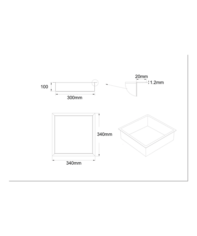 Maattekening ALONI inbouwnis – 30x30x10 cm – geborsteld koper