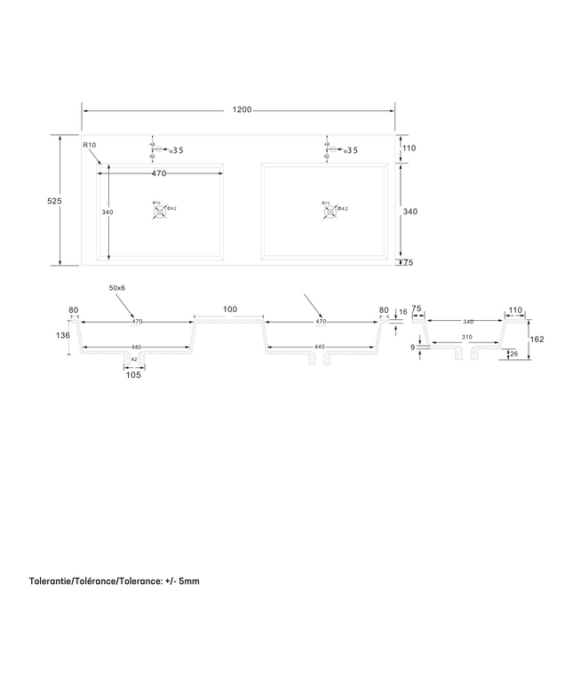 Maattekening Wonda Square Slim Wastafel – Dubbel – Kunstmarmer – 120x1,6x52,5 cm – Mat Wit