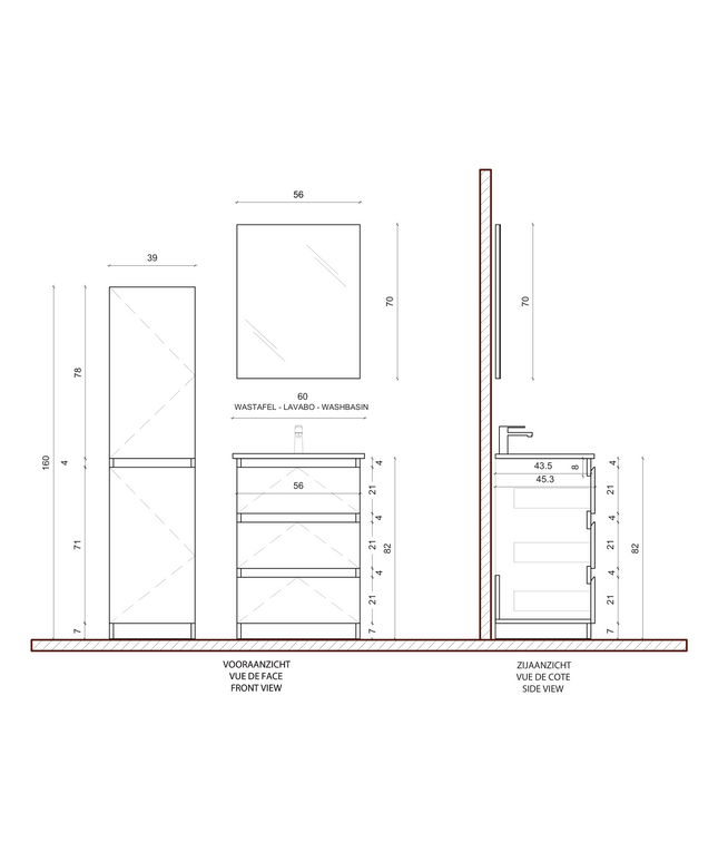Plan coté ALONI JUPITER colonne de salle de bain – 35x160x35 cm – Noir – Softclose