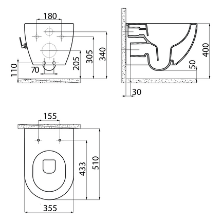 Maattekening Creavit Rimoff hangtoilet / ophang WC met RVS sproeier (bidet) – koud water – wit