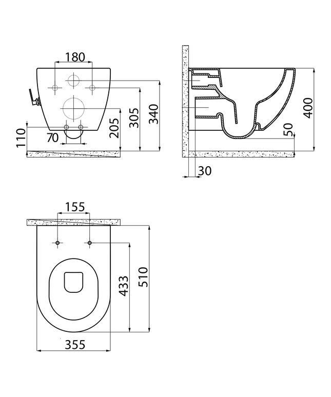 Plan coté Creavit Rimoff WC suspendu avec douchette inox (bidet) – eau froide – blanc