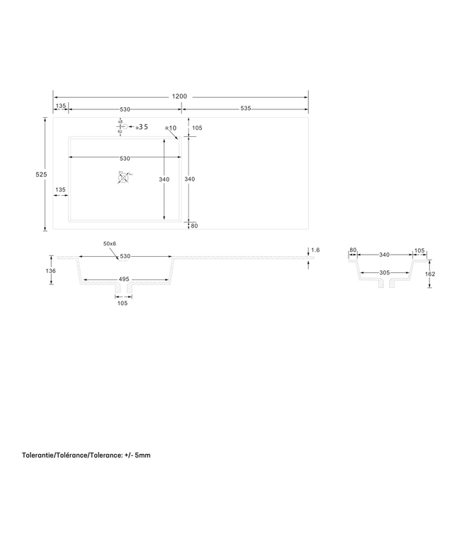 Maattekening Wonda Square Slim wastafel – 1 wasbak links – 120x1,6x52,5 cm – mat wit – kunstmarmer
