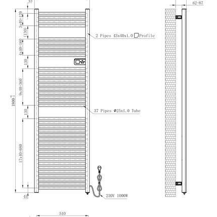 Plan côté BELRAD radiateur sèche-serviettes électrique – Smart WiFi – thermostat digital – 1000W – 1800x540 mm – blanc brillant