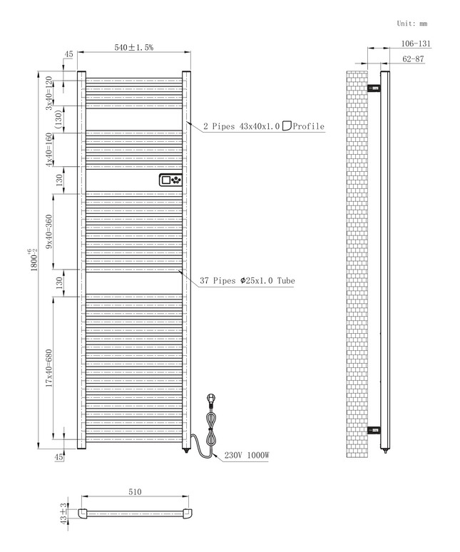Plan côté BELRAD radiateur sèche-serviettes électrique – Smart WiFi – thermostat digital – 1000W – 1800x540 mm – blanc brillant