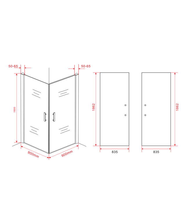 Maattekening ALONI Douchecabine Hoekinstap met 2 Pendeldeuren – 90x90x190 cm – 6 mm Veiligheidsglas – Chroom – Helder Glas – Omkeerbaar