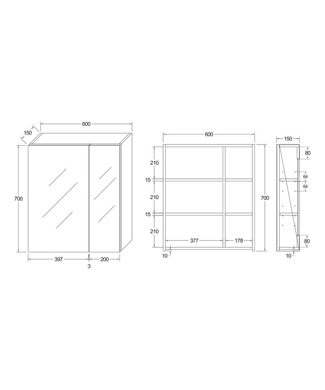Maattekening HAYAT spiegelkast – 2 asymmetrische enkelzijdige spiegeldeuren – 60x70x15 cm – Mat zwart