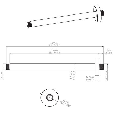 Maattekening UNIFORMA Douchearm plafondbevestiging - 300mm - Geborsteld RVS