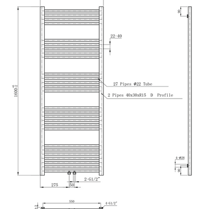 Maattekening BELRAD Badkamer radiator 1600x600mm - Geborsteld Goud - Middenaansluiting - 557W
